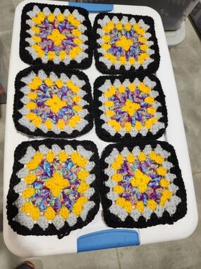 Handmade Crochet Granny Squares - Multicolor ORANGISH, Gray & Black 6pc #5/6